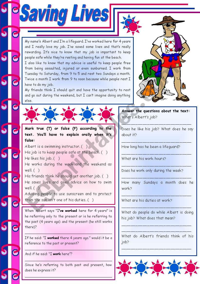 Saving lives  reading comprehension + grammar (present perfect + for / since) [8 tasks] KEYS INCLUDED ((4 pages)) ***editable